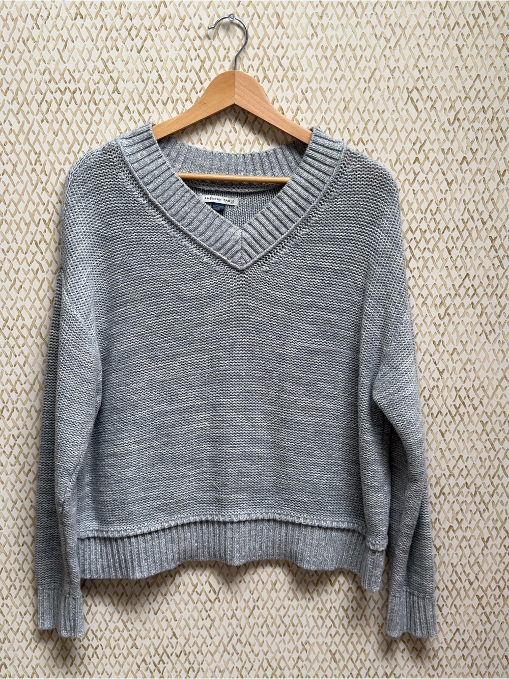 American Eagle Heather Gray V Neck Cotton Sweater Ribbed Boxy Knit Size XS